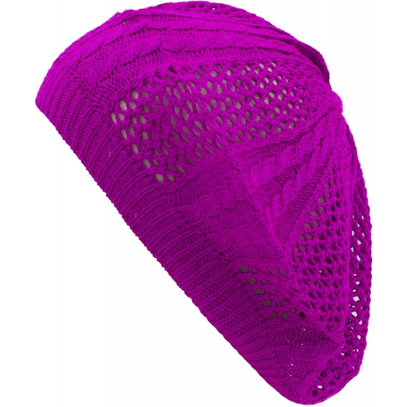 Berets Womens Lightweight Cut Out Knit Beanie Beret Cap Crochet Hat - Many Styles - Fuchsia Pink Multi Textured - CL12LCQ5YF3...