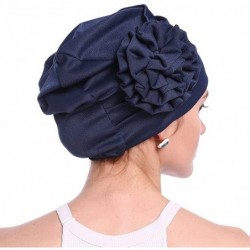 Skullies & Beanies Women Chemo Cap Turban Headwear Sleep Hat with Elegant Side Flower Pleated Skull Caps - Navy Pack of 2 - C...