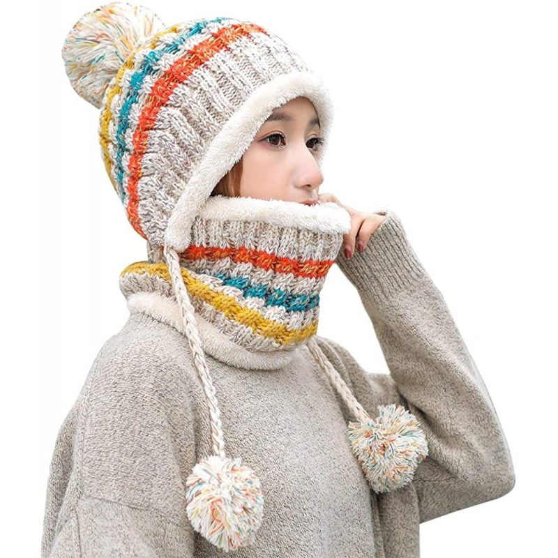 Skullies & Beanies Fleece Lined Women Knit Beanie Scarf Set for Girl Winter Ski Hat with Pompom - A1-beige - C618AY9CMWD $31.70