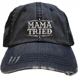 Baseball Caps Adult Mama Tried Embroidered Distressed Trucker Cap - Navy/ Navy - CS180R3OGNC $34.37