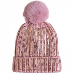 Skullies & Beanies Women Winter Knit Beanie-Hats- Pompom-Hats Warm Chunky-Elastic Shiny Ears for Women - Pink - CF18XSLNYM6 $...