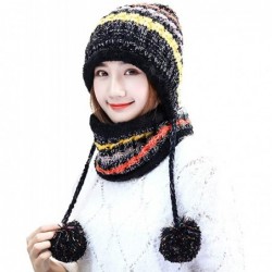 Skullies & Beanies Women Velvet Knitted Beanie Hat with Scarf Winter Ear Flap Pom Pom Cap - Black - CP18IESHCSG $31.60