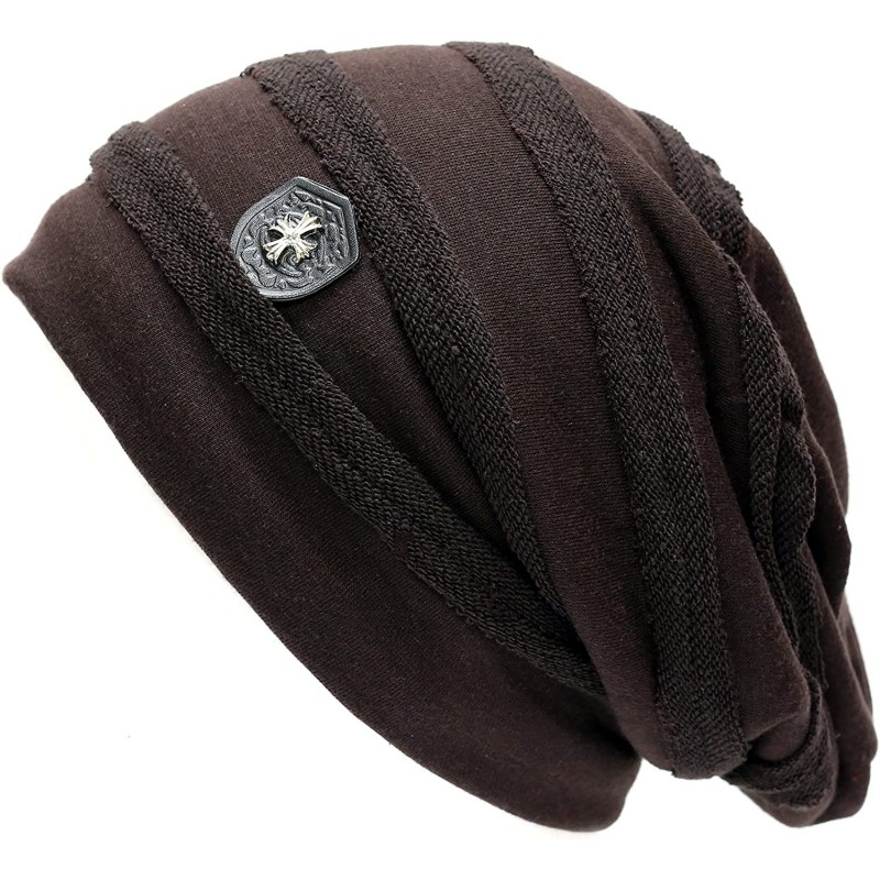 Skullies & Beanies Vintage Horizontal Long Slouchy Baggy Beanie Cross Badge Lined Winter Hat - Brown - CK126ILST8V $23.13