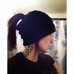 Skullies & Beanies Ponytail Messy Bun Beanie Tail Knit Hole Soft Stretch Cable Winter Hat for Women - Black - CP18X4A0KOO $29.58