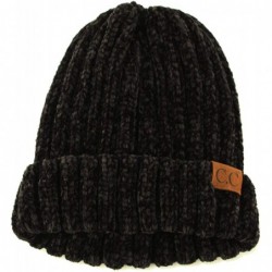Skullies & Beanies Winter Soft Chenille Chunky Knit Stretchy Warm Ribbed Beanie Hat Cap - Black - CA18I6Q58SR $20.10