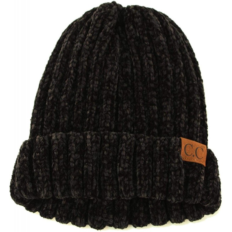 Skullies & Beanies Winter Soft Chenille Chunky Knit Stretchy Warm Ribbed Beanie Hat Cap - Black - CA18I6Q58SR $27.28