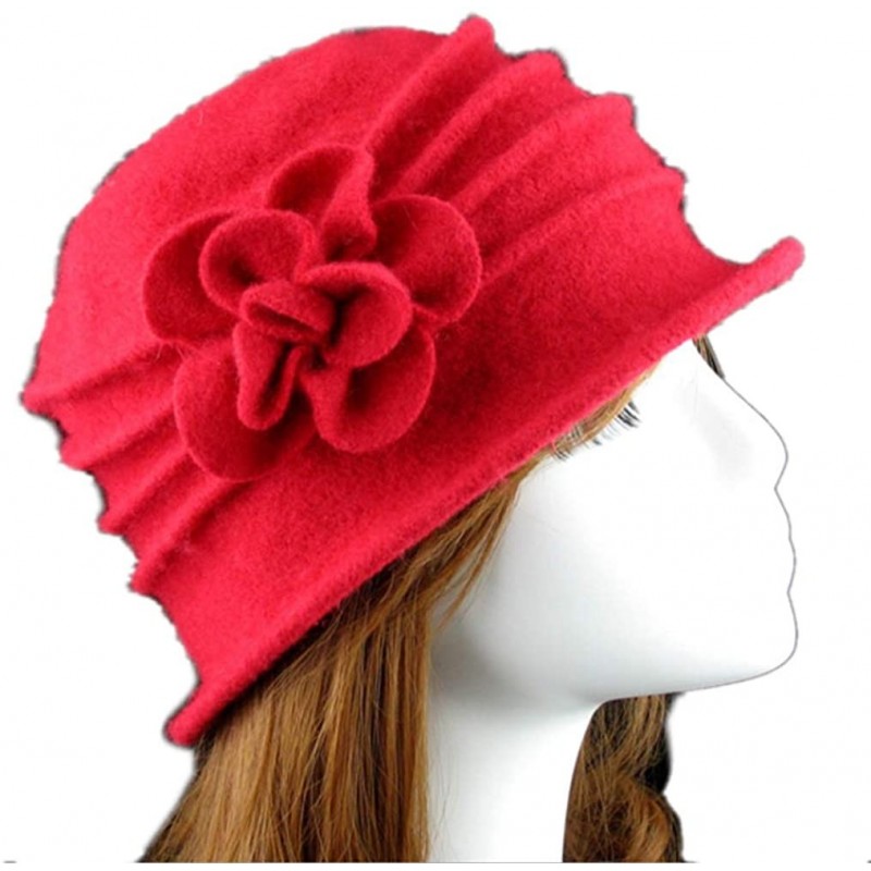 Fedoras 100% Wool Dome Bucket Hat Winter Cloche Hat Fedoras Cocktail Hat - A-red - C918IZUIGIE $24.81