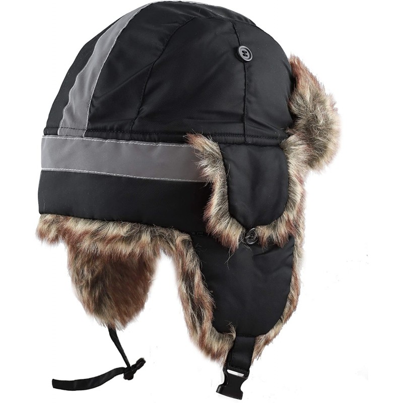 Bomber Hats Safety Reflective Faux Fur Aviator Kids Adult Trapper Hat Snow Ski Trooper Winter Cap - Black - CX18K2UNCWX $28.04