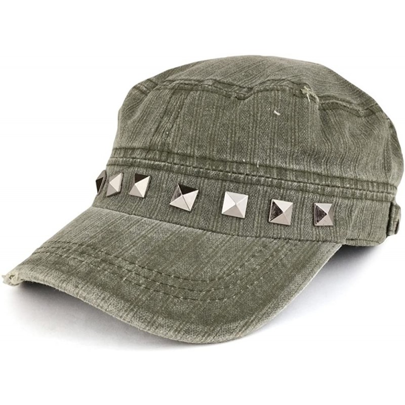 Baseball Caps Distressed Flat Top Metallic Studded Frayed Cadet Style Army Cap - Olive - CP185OMIQUR $20.08