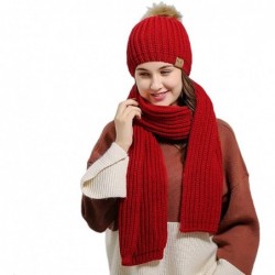 Skullies & Beanies Fashion Women's Warm Crochet Knitted Beanie Hat and Scarf Set with Fur Poms - 1 Red - CF1884LUAYQ $25.00
