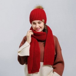Skullies & Beanies Fashion Women's Warm Crochet Knitted Beanie Hat and Scarf Set with Fur Poms - 1 Red - CF1884LUAYQ $37.05