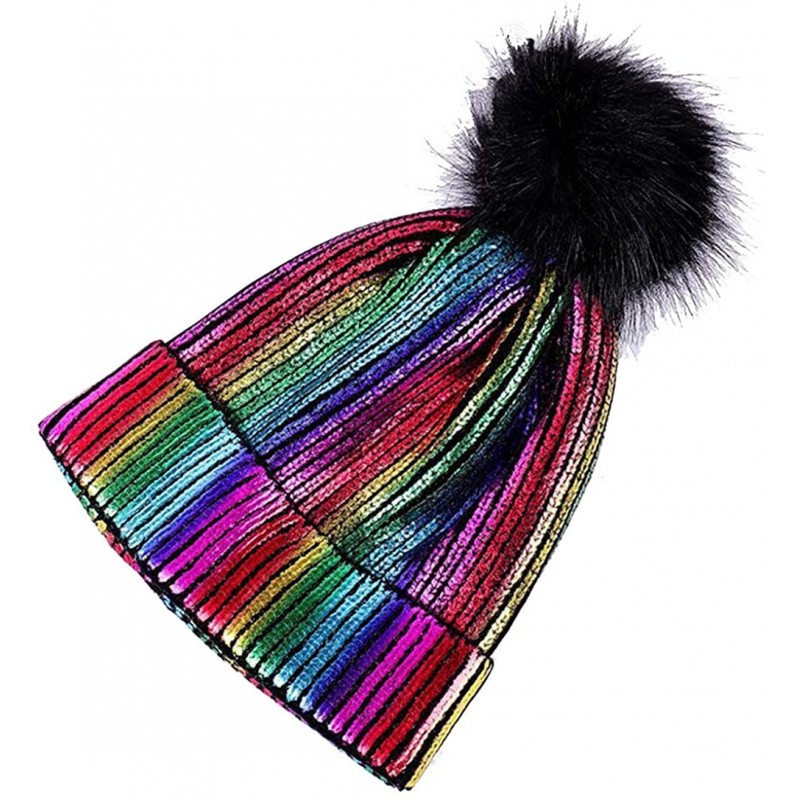 Skullies & Beanies Pom Hat Women Metallic Shiny Chunky Beanie Winter Ski Hat - Gold Cable Knit - CH18X5XL5ZE $20.09