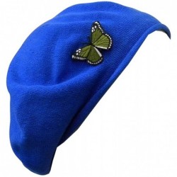 Berets Cotton Beret with Applique - Blue - Green Butterfly - CE120FCRYA7 $51.93