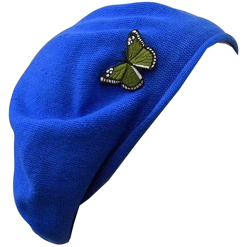 Berets Cotton Beret with Applique - Blue - Green Butterfly - CE120FCRYA7 $30.79