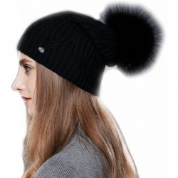Skullies & Beanies Wool Knit Slouchy Bobble Cap Unisex Winter Beanie Hat with Fur Ball Pom - Black - C41867W0D8R $47.49