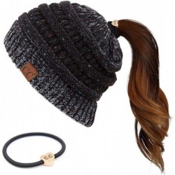 Skullies & Beanies Ribbed Confetti Knit Beanie Tail Hat for Adult Bundle Hair Tie (MB-33) - Black Ombre (With Ponytail Holder...