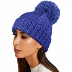 Skullies & Beanies Ladies Womens Chunky Knit Cable HAT with POM POM - Blue - CN123Q0O3FZ $19.40
