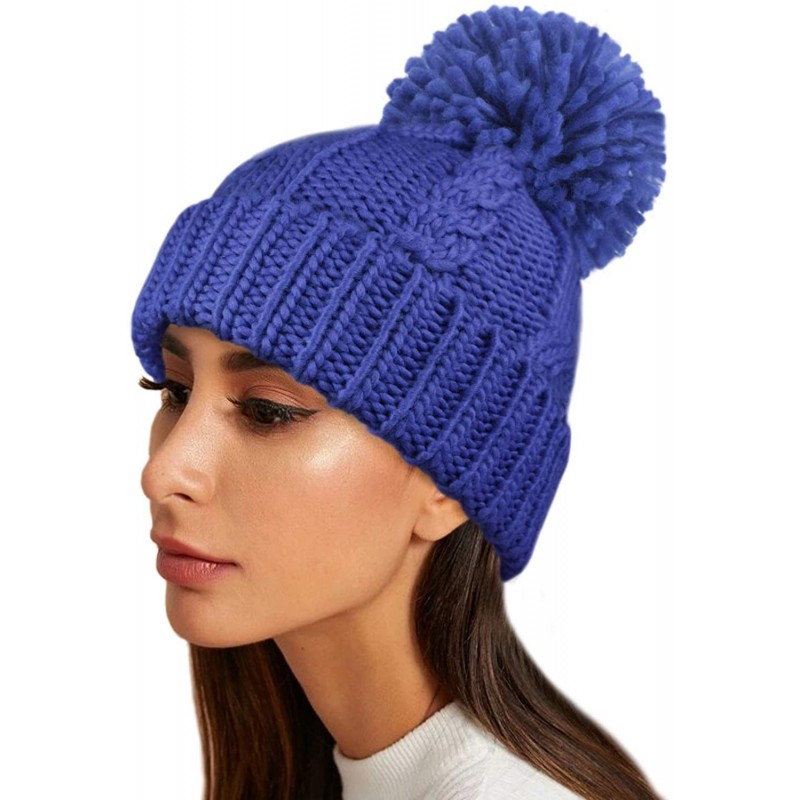 Skullies & Beanies Ladies Womens Chunky Knit Cable HAT with POM POM - Blue - CN123Q0O3FZ $14.55