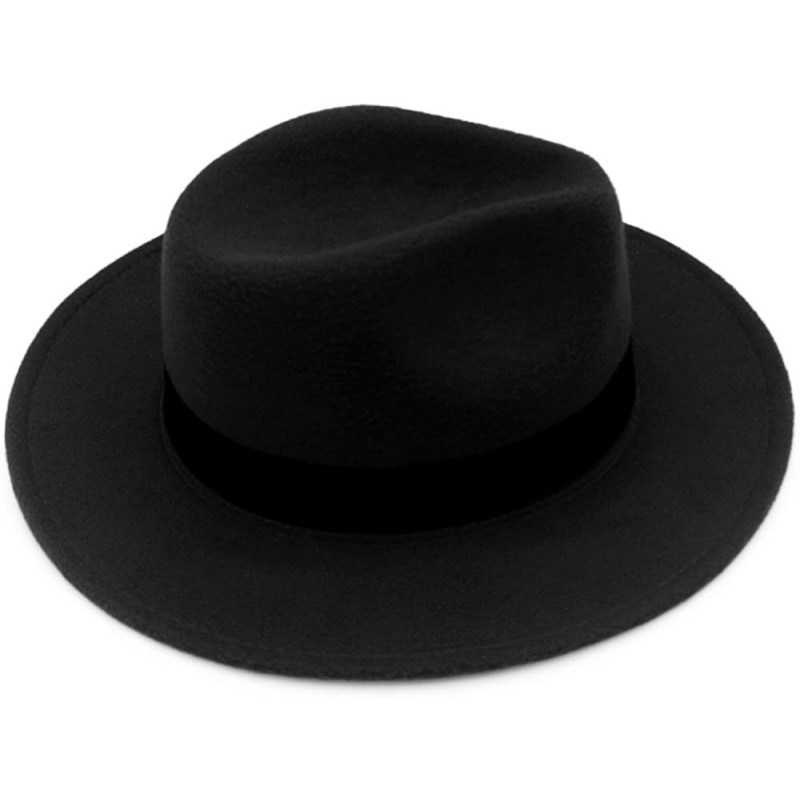 Fedoras Norboe NE Women's Wide Brim Elegant Luxury Panama Fedora Hat Wool Cap with Strap - Black - C7120TOKXCX $33.10
