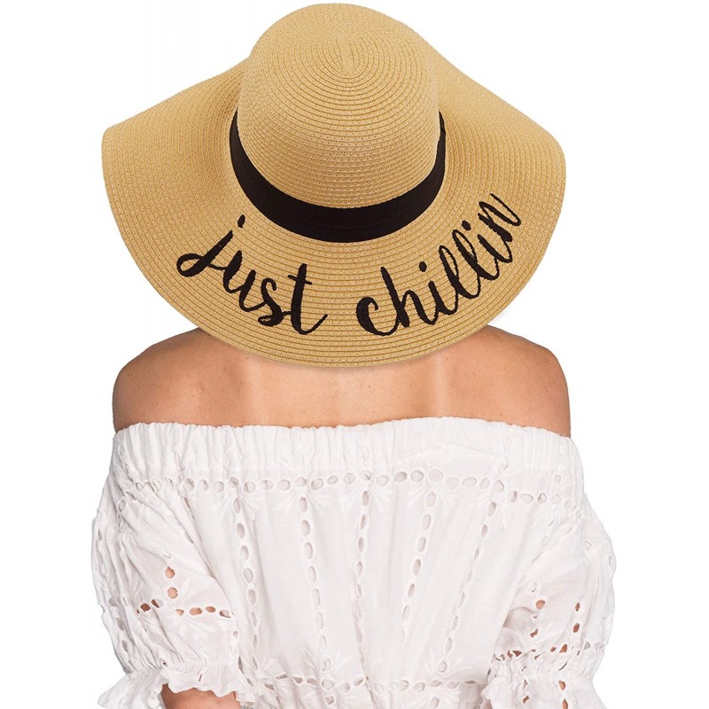 Sun Hats Exclusives Straw Embroidered Lettering Floppy Brim Sun Hat (ST-2017) - Just Chilin - C212NW13ELD $35.59