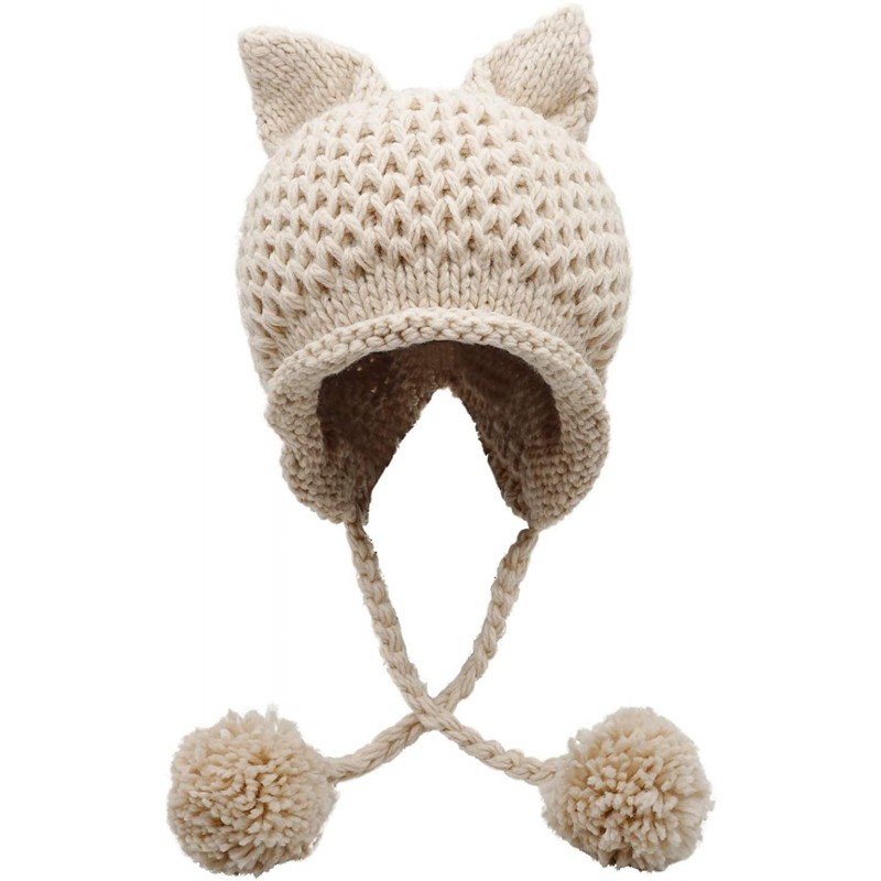 Skullies & Beanies Winter Cute Cat Ears Knit Hat Ear Flap Crochet Beanie Hat - Beige - CI185RLQ0MA $30.92