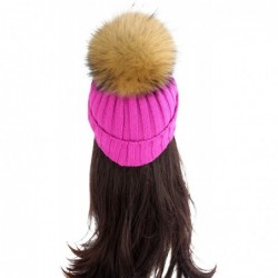 Skullies & Beanies Women Cable Knit Beanie Raccoon Fur Fuzzy Pompom Chunky Winter Stretch Skull Cap Cuff Hat - 05rose - CS18W...