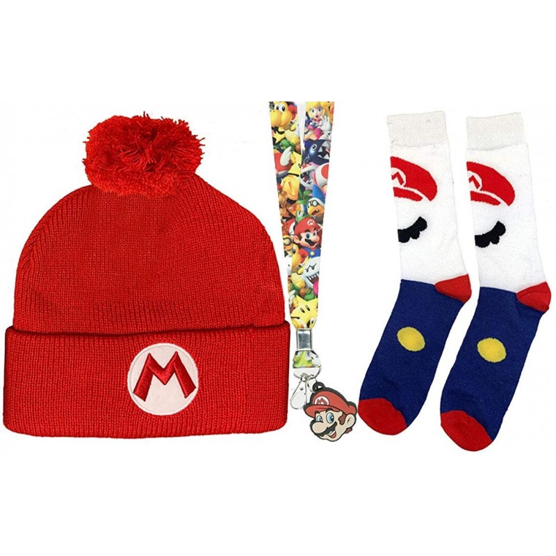 Skullies & Beanies Super Mario Bros Mario Beanie Knit Hat- Socks and Lanyard Gift Bundle Red - C218Z7S5UOT $34.70