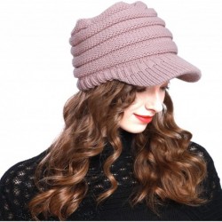 Visors Cable Ribbed Knit Beanie Hat w/Visor Brim - Chunky Winter Skully Cap - A Pink - CS12MXT6GJT $16.67
