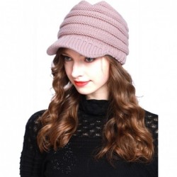 Visors Cable Ribbed Knit Beanie Hat w/Visor Brim - Chunky Winter Skully Cap - A Pink - CS12MXT6GJT $16.67