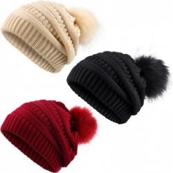 Skullies & Beanies Women Knitted Beanie Hat with Faux Fur Pom Winter Warm Solid Christmas Skull Cap - CP193288WCA $33.43