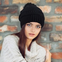 Skullies & Beanies Women Knitted Beanie Hat with Faux Fur Pom Winter Warm Solid Christmas Skull Cap - CP193288WCA $25.19