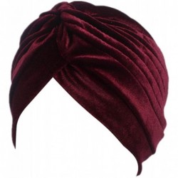 Skullies & Beanies Pleated Stretch Ruffle Women's Velvet Chemo Turban Hat Wrap Cover - Wine - CZ1887YKT65 $22.54