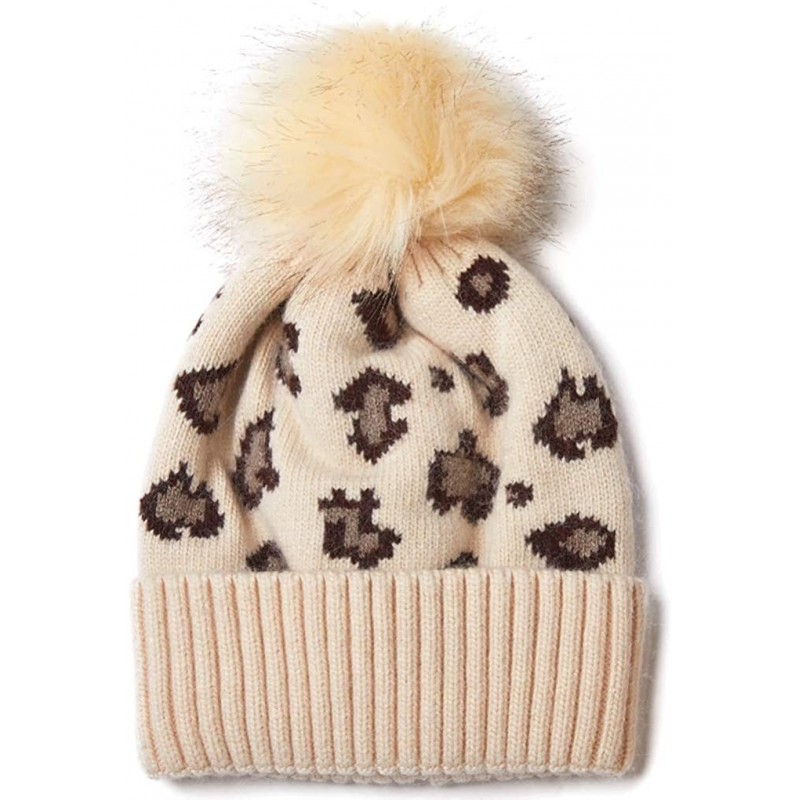 Skullies & Beanies Cashmere Winter Beanie Pom Pom Hat for Women Slouchy Warm Ski Hats - Ivory Leopard - C818ZCDKYD5 $33.15