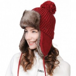 Bomber Hats Ladies Earflap Trapper Hat Faux Fur Hunting Hat Fleece Lined Thick Knitted - 99725_red - CE18KI869H8 $33.59