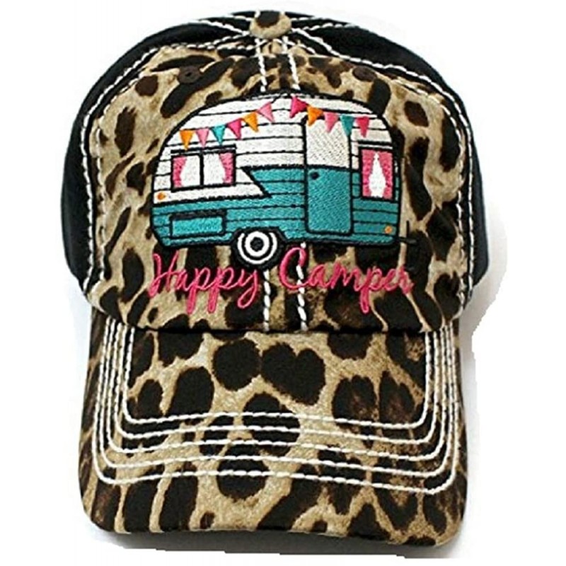 Baseball Caps Adjustable Happy Camper Distressed Baseball Cap Hat - Cheetah Turquoise - CC18CGKMGZZ $32.43
