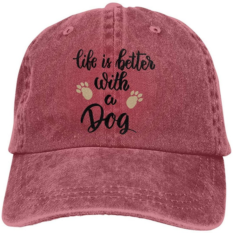 Baseball Caps Life is Better with A Dog Vintage Baseball Cap - Adjustable Fashion Hip Hop Jeans Hat for Men Women - Red - C81...