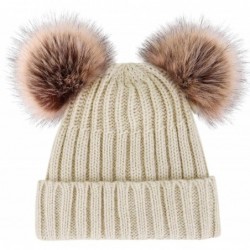 Skullies & Beanies Womens Winter Thick Cable Knit Beanie Hat with Faux Fur Pompom Ears - Beige Beanie With Coffee Pompom - C3...