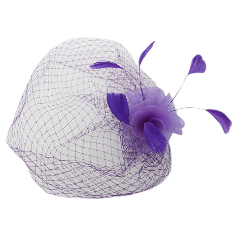 Headbands Face Veil Flower Feather Clip On Birdcage Races Fascinator Headpiece Headwear - purple - CG12MA56QKJ $9.87