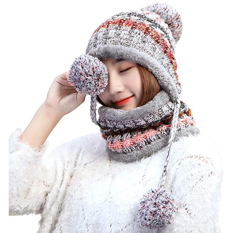 Skullies & Beanies Women Velvet Knitted Beanie Hat with Scarf Winter Ear Flap Pom Pom Cap - Grey - CR18IEUQDAG $45.76