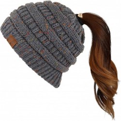 Skullies & Beanies Ribbed Confetti Knit Beanie Tail Hat for Adult Bundle Hair Tie (MB-33) - Dk. Mel Grey - CS189CEL3NO $21.04