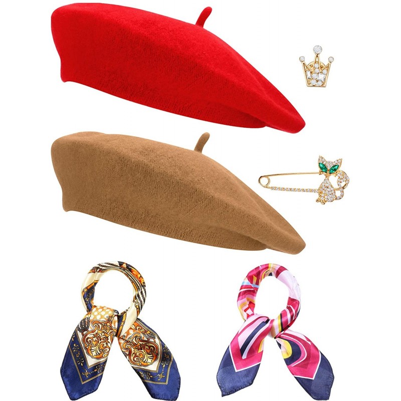 Berets 6 Pieces Wool Beret Hat Solid Color French Beanie Hat with Silky Scarf Brooch - Light Tan and Red - CL18AWI80TX $17.51
