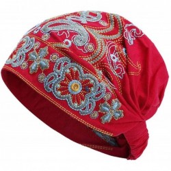 Skullies & Beanies Women Summer Vintage Embroidery Ethnic Beanie Hat Cotton Elastic Turban Caps - Red - C318KRYM4XW $13.71