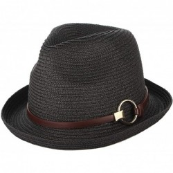 Fedoras Mens Panama Style Trilby Fedora Straw Sun Hat with Leather Belt - Black - C018QZGUD3I $17.58