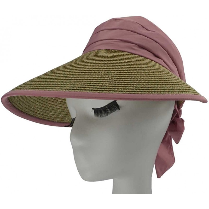 Sun Hats Folding Straw Hat Sun Visor Summer Beach Hats with Bow Tie XMZ06 - Pink - CR11YWDJX47 $21.93