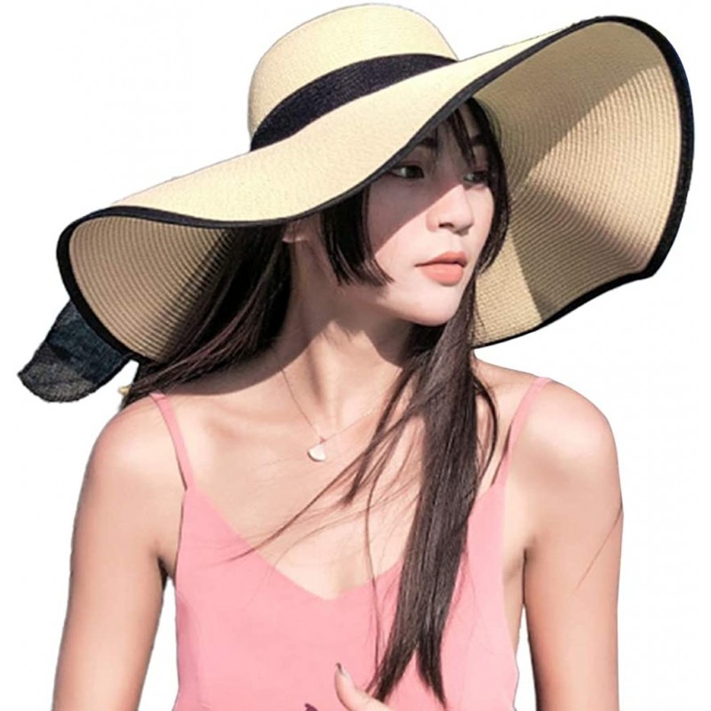 Sun Hats Women Foldable Straw Sun Hat- Ribbon Bowknot Black Wide Brim Hats- Summer Beachwear (Beige) - CR18OW9M36S $34.27