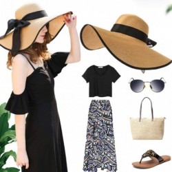 Sun Hats Women Foldable Straw Sun Hat- Ribbon Bowknot Black Wide Brim Hats- Summer Beachwear (Beige) - CR18OW9M36S $34.27