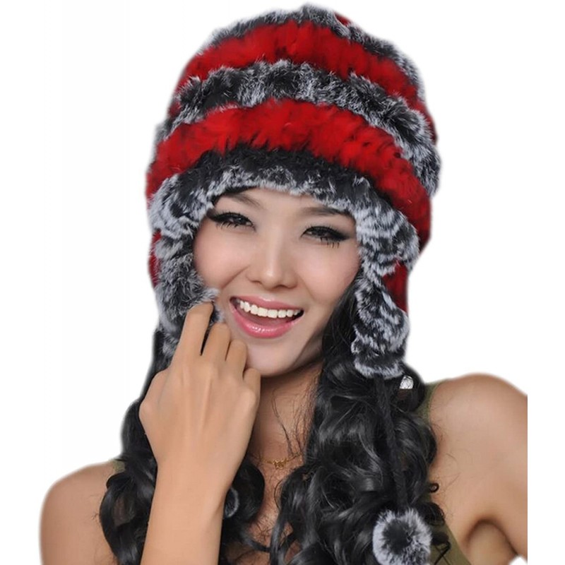 Bomber Hats Women's Rex Rabbit Fur Hats Winter Ear Cap Flexible Multicolor - Gray&red - C4126G6KYGN $40.95