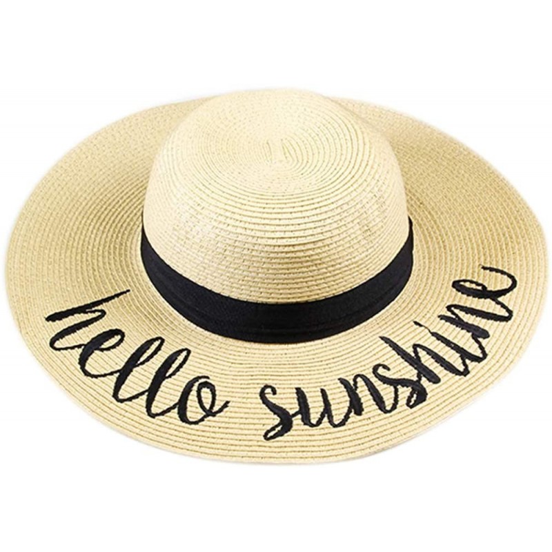 Sun Hats Women Spring Summer Beach Paper Embroidered Lettering Floppy Hats - Hello Sunshine - Beige - CT18QG2EIQU $22.97