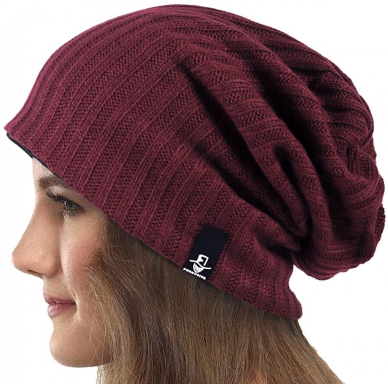 Berets Womens Knit Slouchy Beanie Ribbed Baggy Skull Cap Turban Winter Summer Beret Hat - Solid Claret - CD18WE0ROOT $17.05