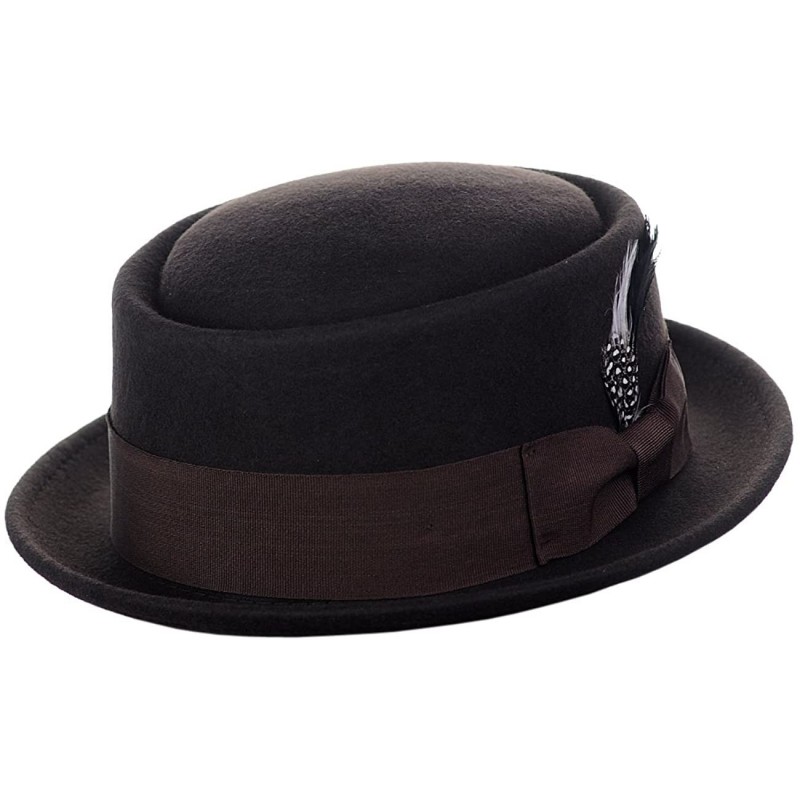 Fedoras Mens Crushable Wool Felt Porkpie Hat w/Feather - Brown - C212O8QHR0S $56.86